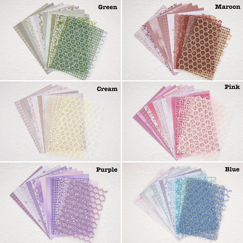 ARTSMONA 90 Sheets Scrapbook Paper and Decorative Mesh Fabric Assorted Set - 6 Pack Mixed Special Paper for Scrapbooking Planner Bullet Junk Journal Supplies Mixed Media Collage Card Embellishment 5.1x7 Inch - Image 2